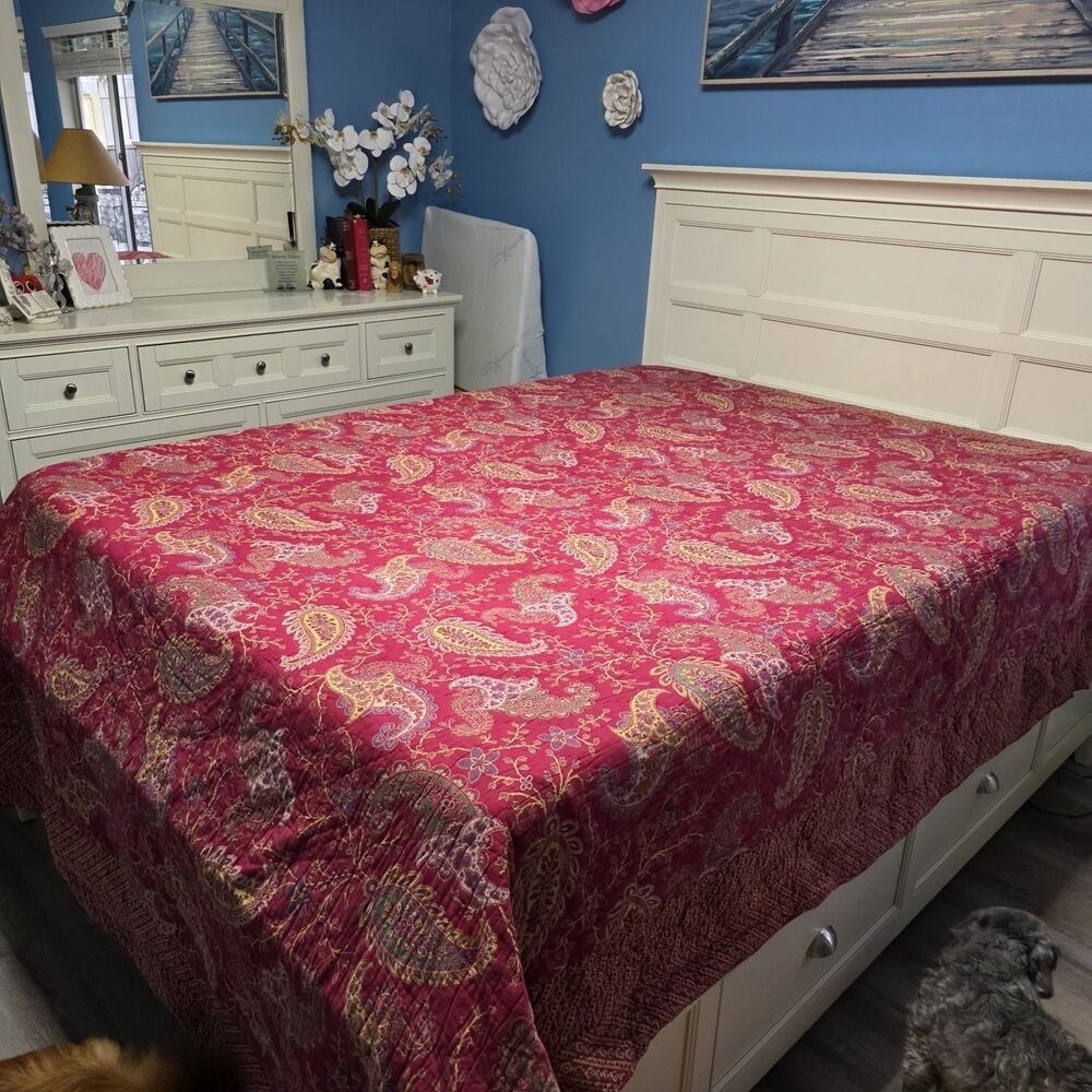 Noble Excellence Vintage Red Floral Patchwork Quilt King Size 108x94"